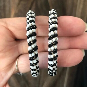 White & Black Huge Seed Bead Stainless Steel Hoop Earrings NWT